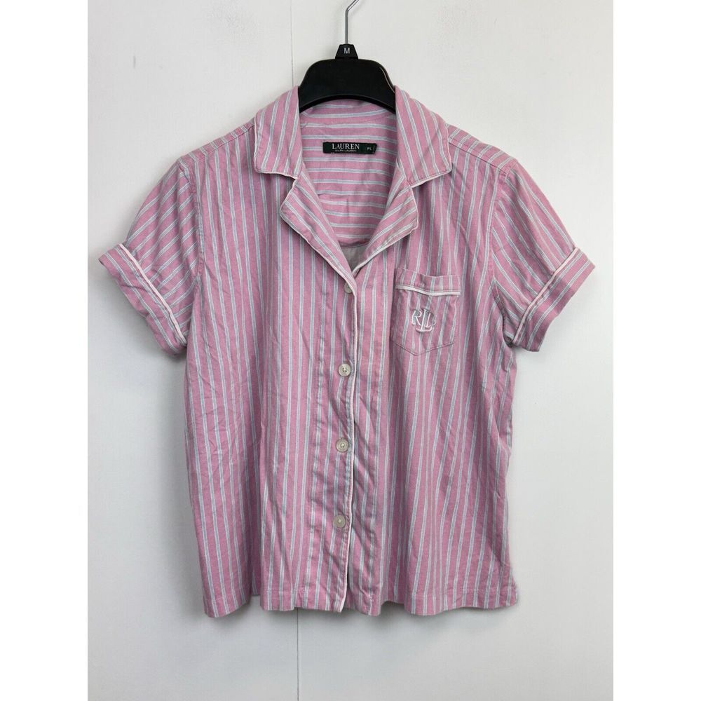LAUREN RALPH LAUREN Women's PL Pink Striped Pajama Top Short‎ Sleeve Logo Pocket